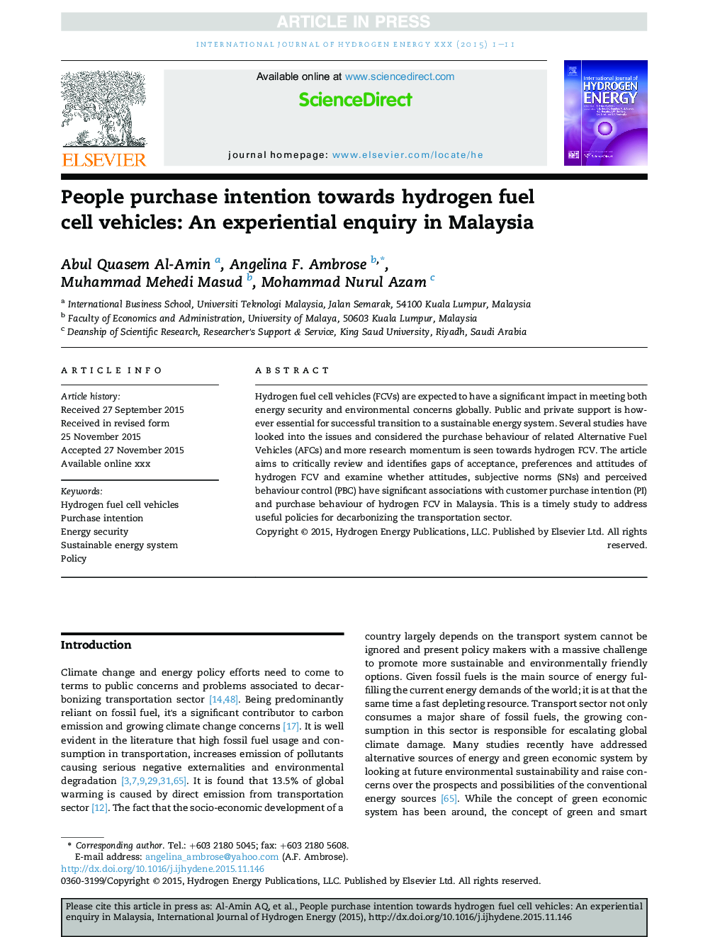 People purchase intention towards hydrogen fuel cell vehicles: An experiential enquiry in Malaysia