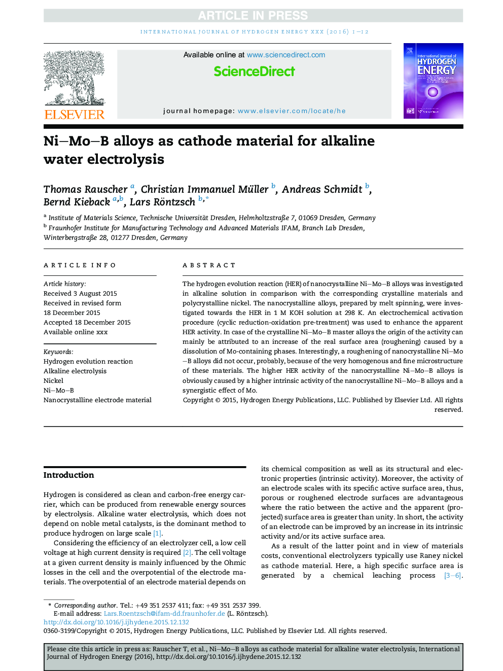 Ni-Mo-B alloys as cathode material for alkaline water electrolysis