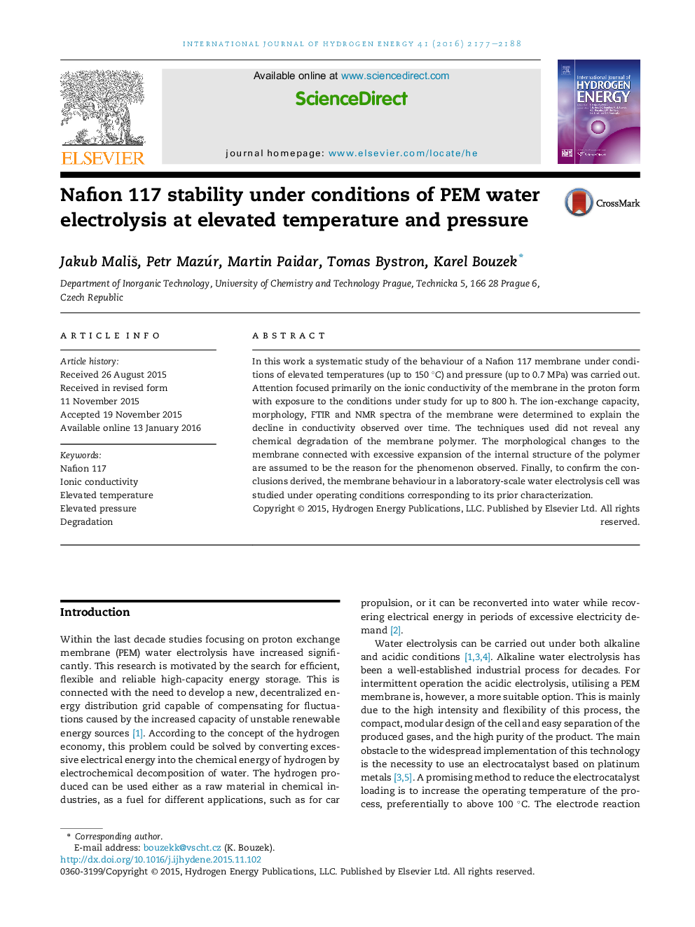 Nafion 117 stability under conditions of PEM water electrolysis at elevated temperature and pressure