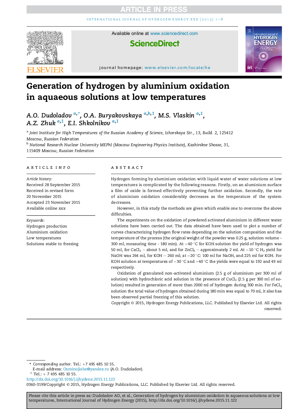 Generation of hydrogen by aluminium oxidation inÂ aquaeous solutions at low temperatures