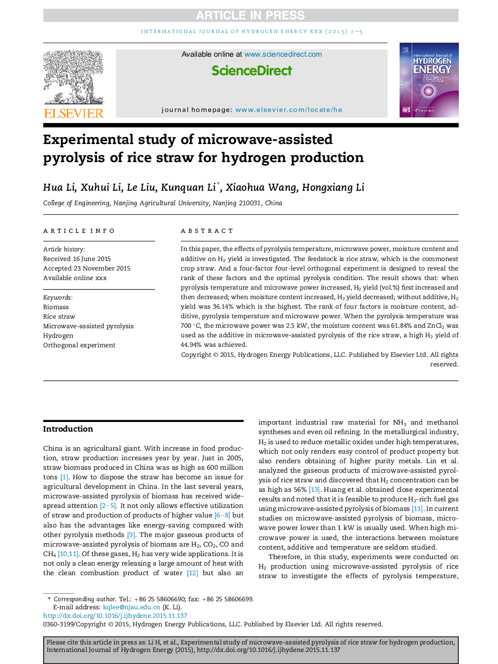 Experimental study of microwave-assisted pyrolysis of rice straw for hydrogen production