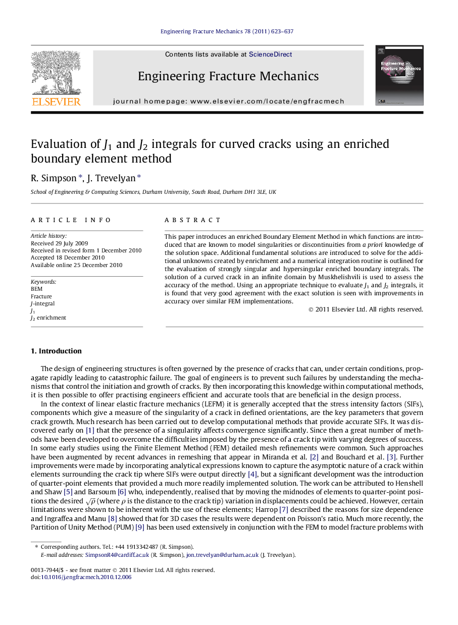 Evaluation of J1 and J2 integrals for curved cracks using an enriched boundary element method