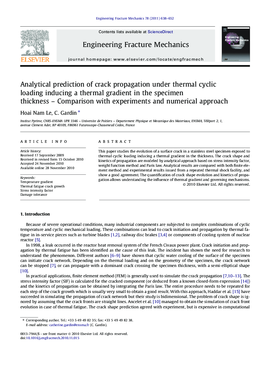 Analytical prediction of crack propagation under thermal cyclic loading inducing a thermal gradient in the specimen thickness – Comparison with experiments and numerical approach