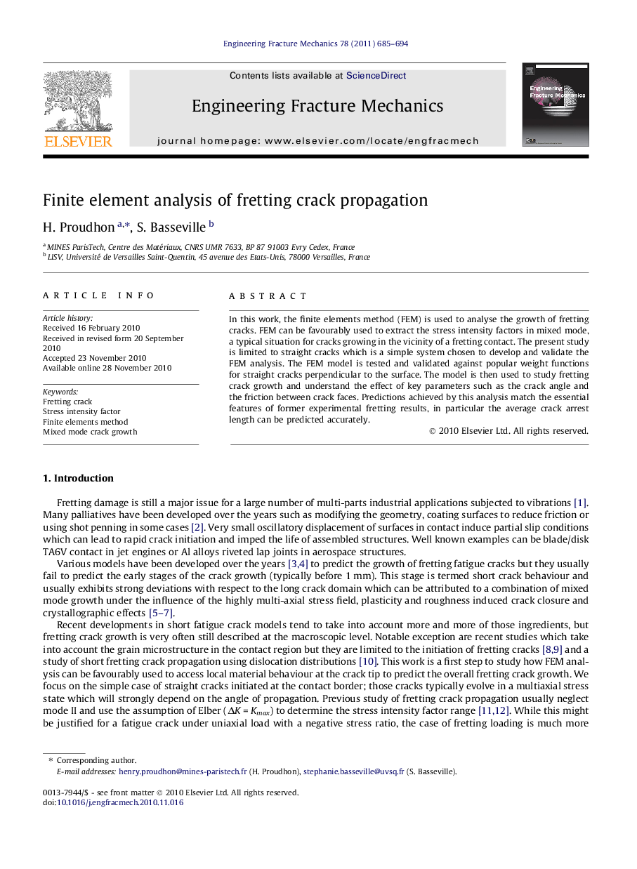 Finite element analysis of fretting crack propagation