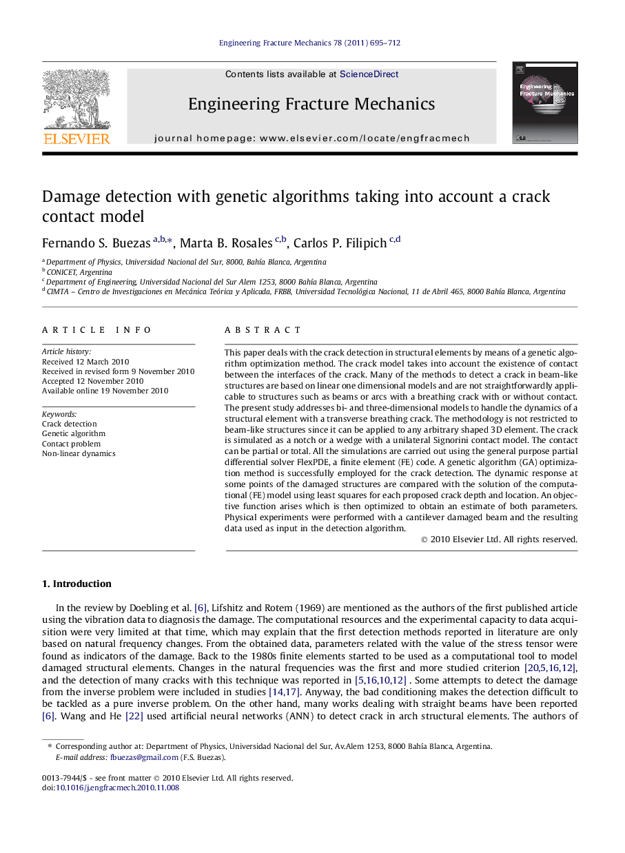 Damage detection with genetic algorithms taking into account a crack contact model