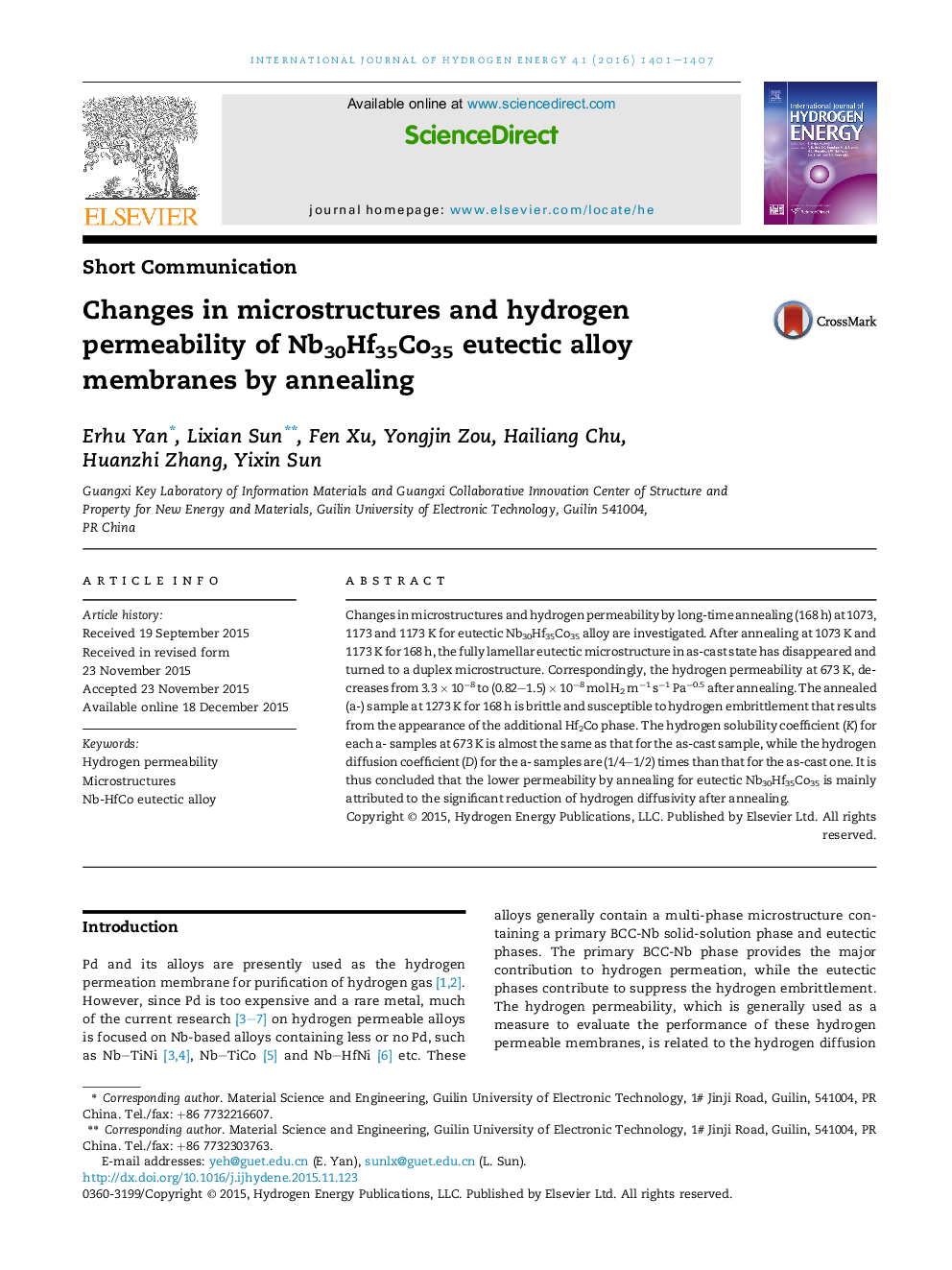 عکس صفحه اول مقاله: Changes in microstructures and hydrogen permeability of Nb30Hf35Co35 eutectic alloy membranes by annealing Changes in microstructures and hydrogen permeability of Nb30Hf35Co35 eutectic alloy membranes by annealing