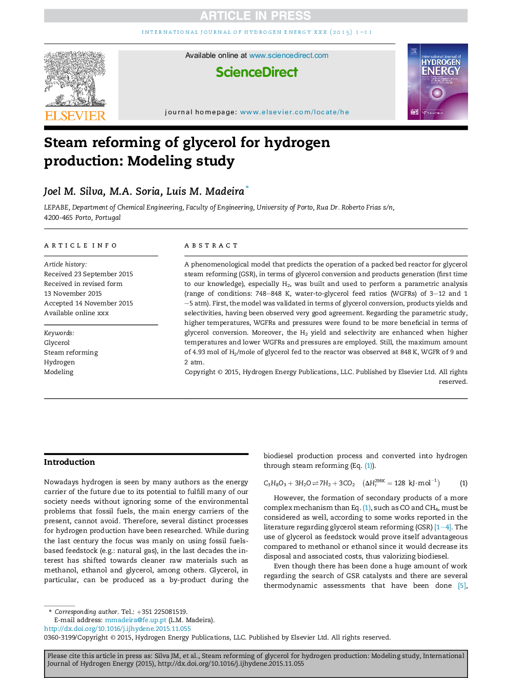 Steam reforming of glycerol for hydrogen production: Modeling study