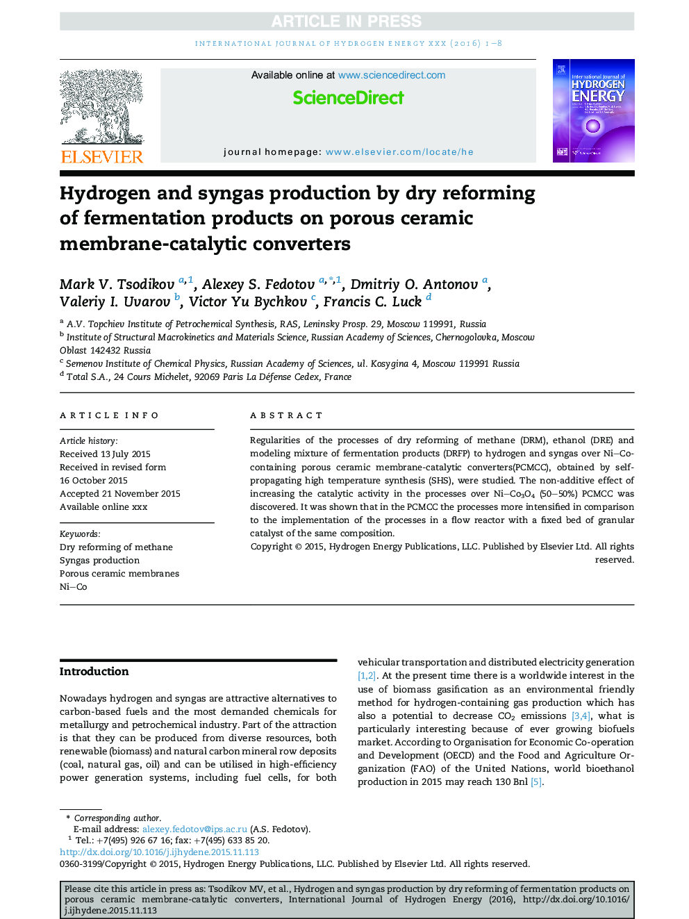 Hydrogen and syngas production by dry reforming of fermentation products on porous ceramic membrane-catalytic converters