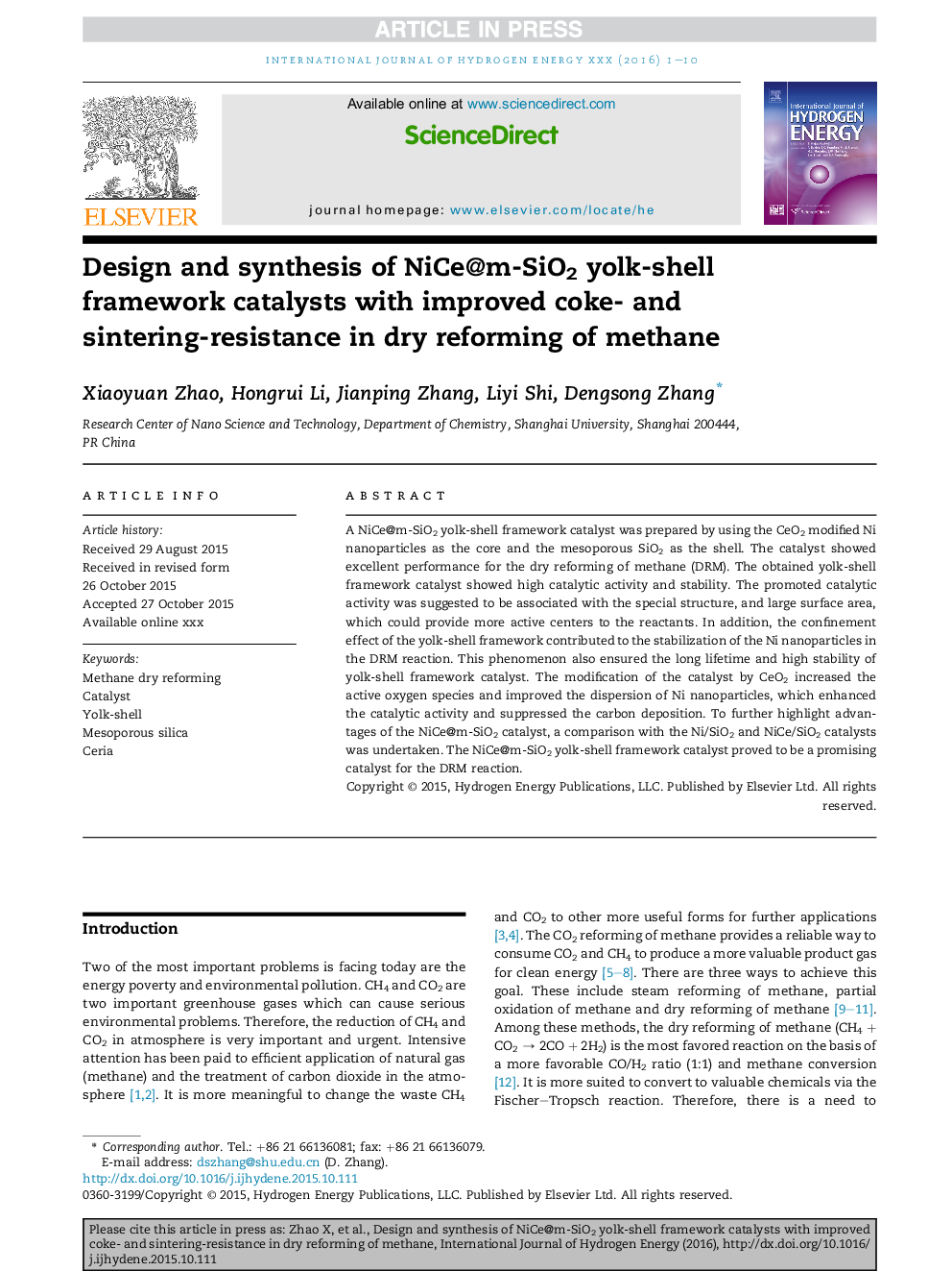 Design and synthesis of NiCe@m-SiO2 yolk-shell framework catalysts with improved coke- and sintering-resistance in dry reforming of methane