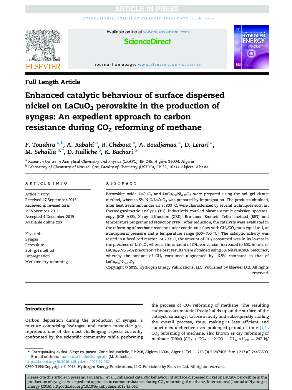 Enhanced catalytic behaviour of surface dispersed nickel on LaCuO3 perovskite in the production of syngas: An expedient approach to carbon resistance during CO2 reforming of methane