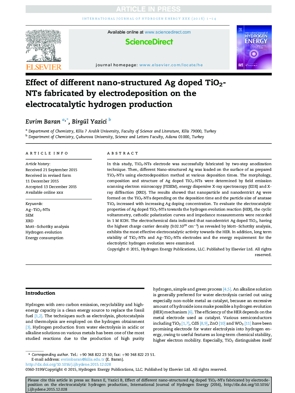 Effect of different nano-structured Ag doped TiO2-NTs fabricated by electrodeposition on the electrocatalytic hydrogen production