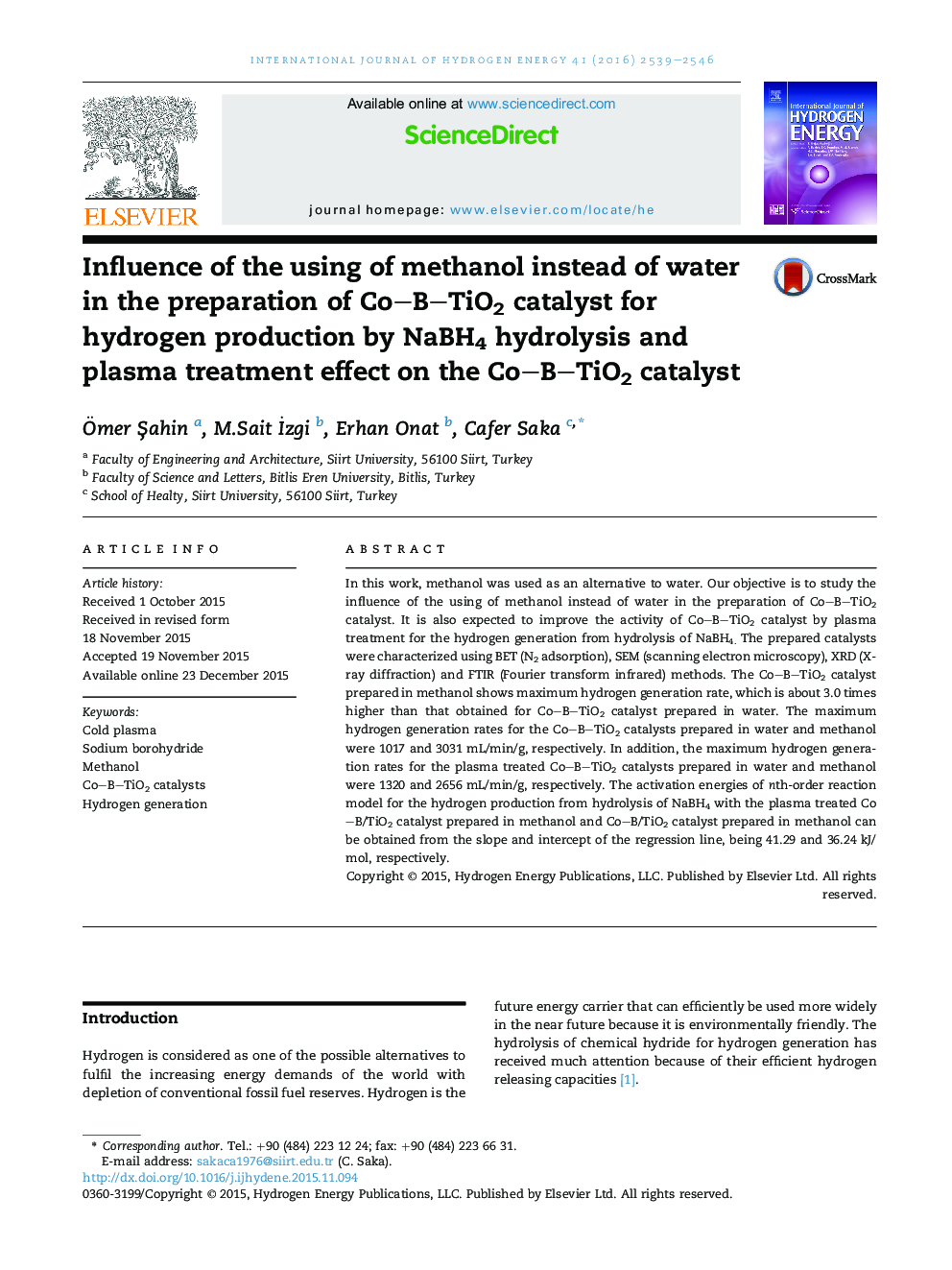 Influence of the using of methanol instead of water in the preparation of Co-B-TiO2 catalyst for hydrogen production by NaBH4 hydrolysis and plasma treatment effect on the Co-B-TiO2 catalyst