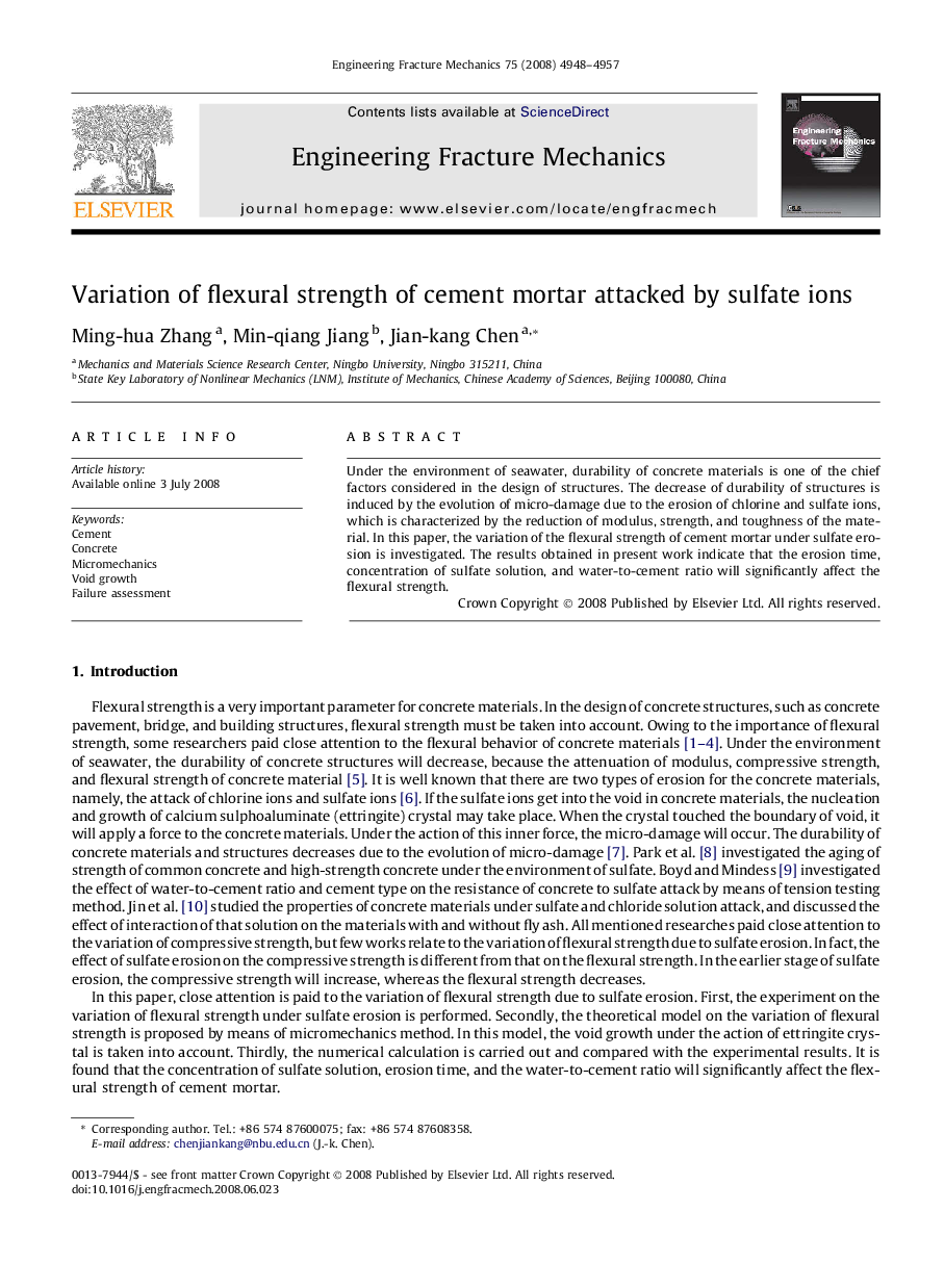 Variation of flexural strength of cement mortar attacked by sulfate ions