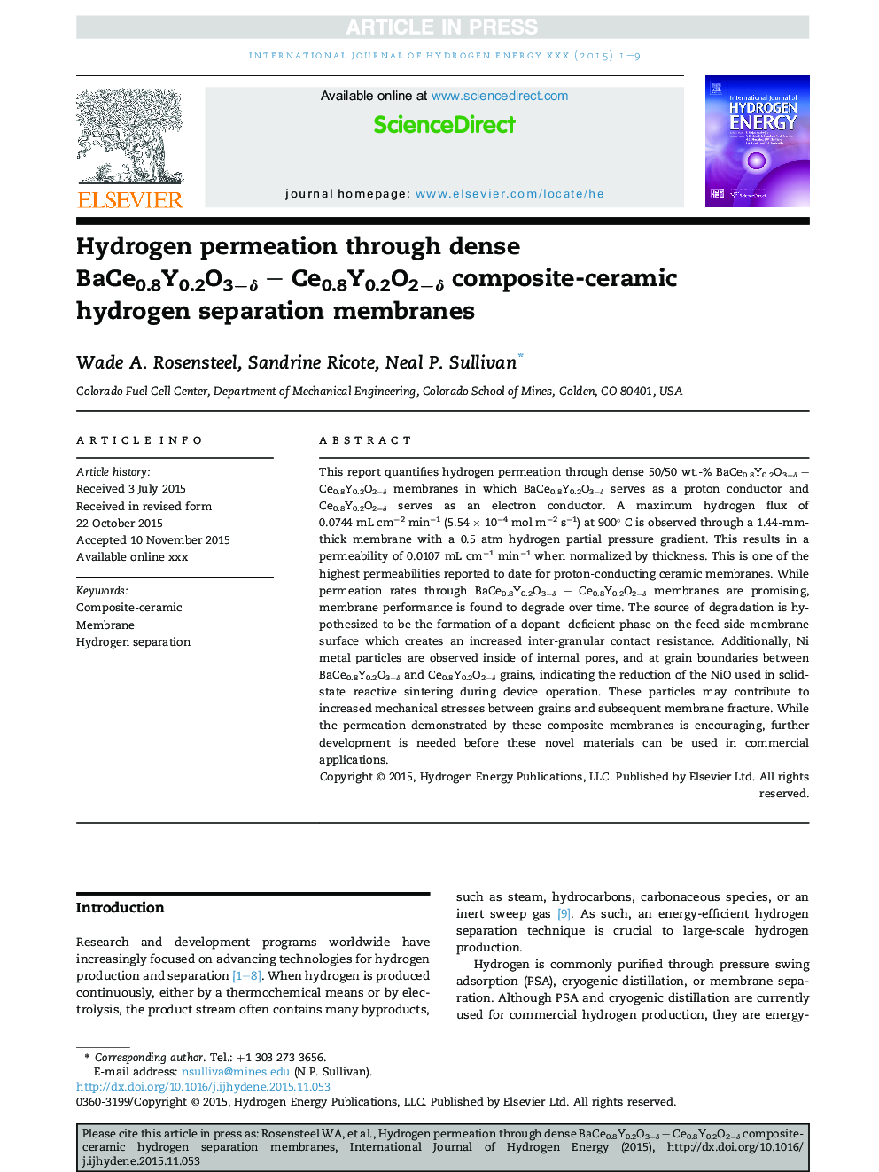 Hydrogen permeation through dense BaCe0.8Y0.2O3âÎ´ - Ce0.8Y0.2O2âÎ´ composite-ceramic hydrogen separation membranes