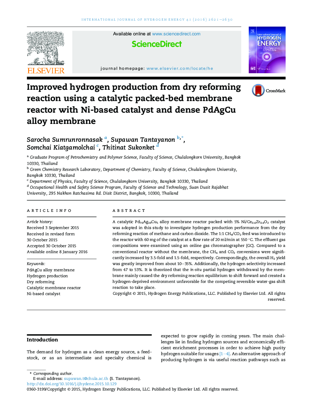 Improved hydrogen production from dry reforming reaction using a catalytic packed-bed membrane reactor with Ni-based catalyst and dense PdAgCu alloy membrane