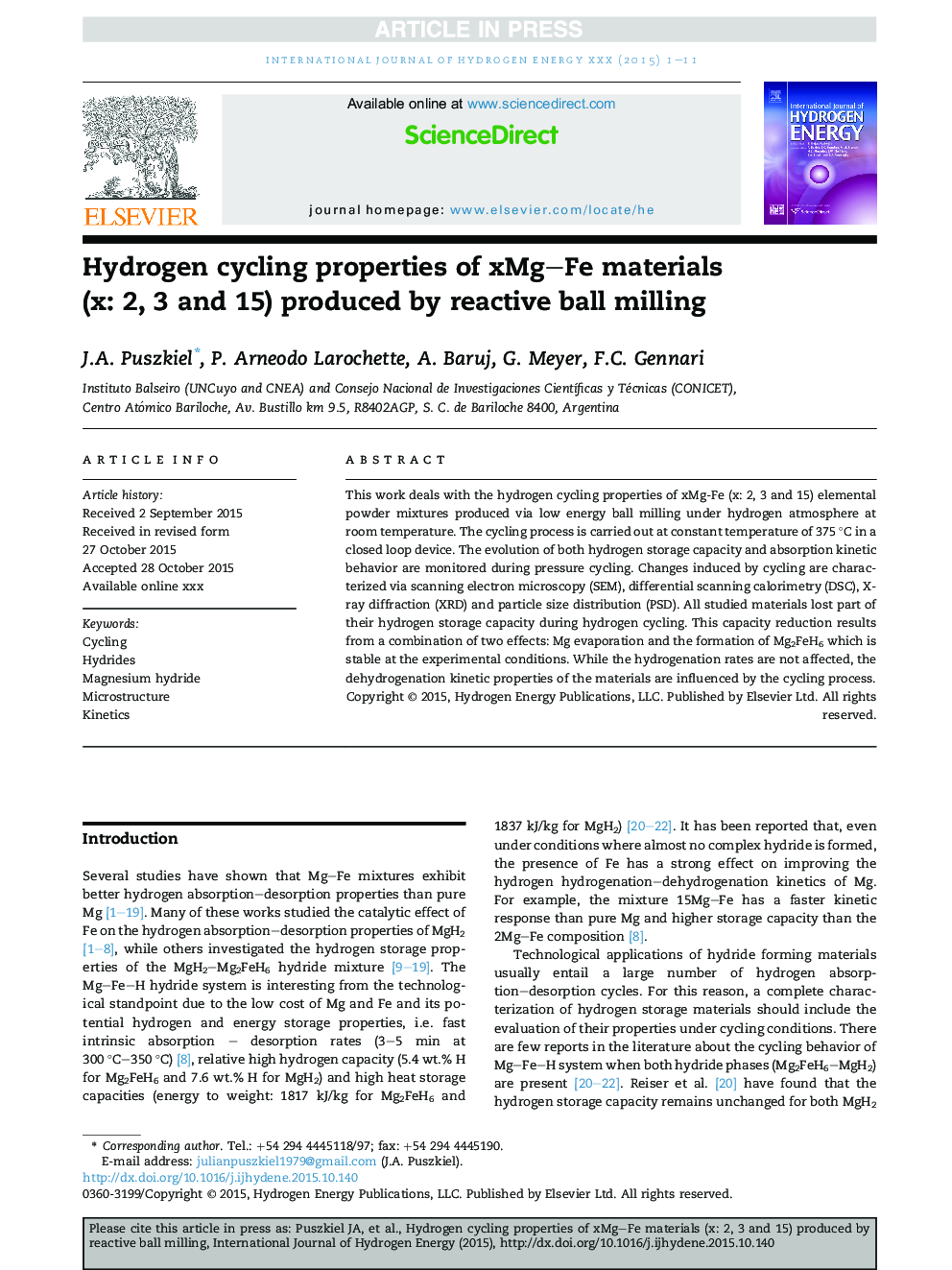 Hydrogen cycling properties of xMg-Fe materials (x: 2, 3 and 15) produced by reactive ball milling