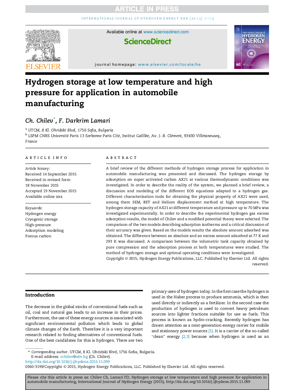 Hydrogen storage at low temperature and high pressure for application in automobile manufacturing