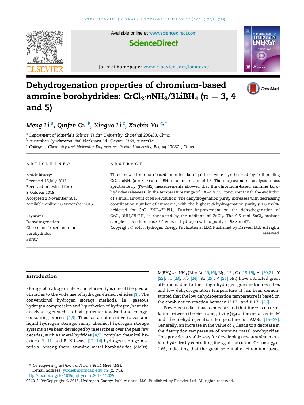 Dehydrogenation properties of chromium-based ammine borohydrides: CrCl3Â·nNH3/3LiBH4 (nÂ =Â 3, 4 and 5)