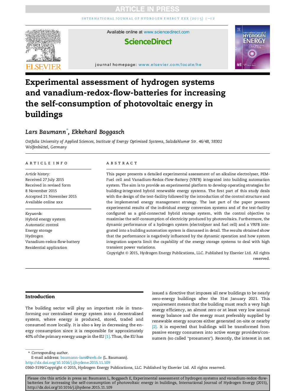 Experimental assessment of hydrogen systems and vanadium-redox-flow-batteries for increasing the self-consumption of photovoltaic energy in buildings