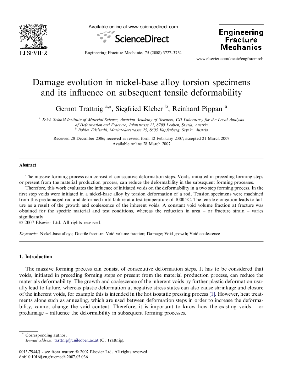 Damage evolution in nickel-base alloy torsion specimens and its influence on subsequent tensile deformability