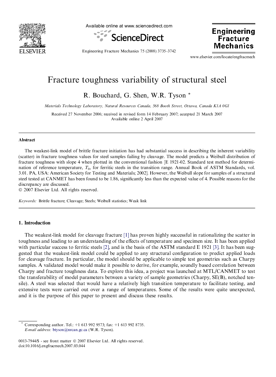 Fracture toughness variability of structural steel