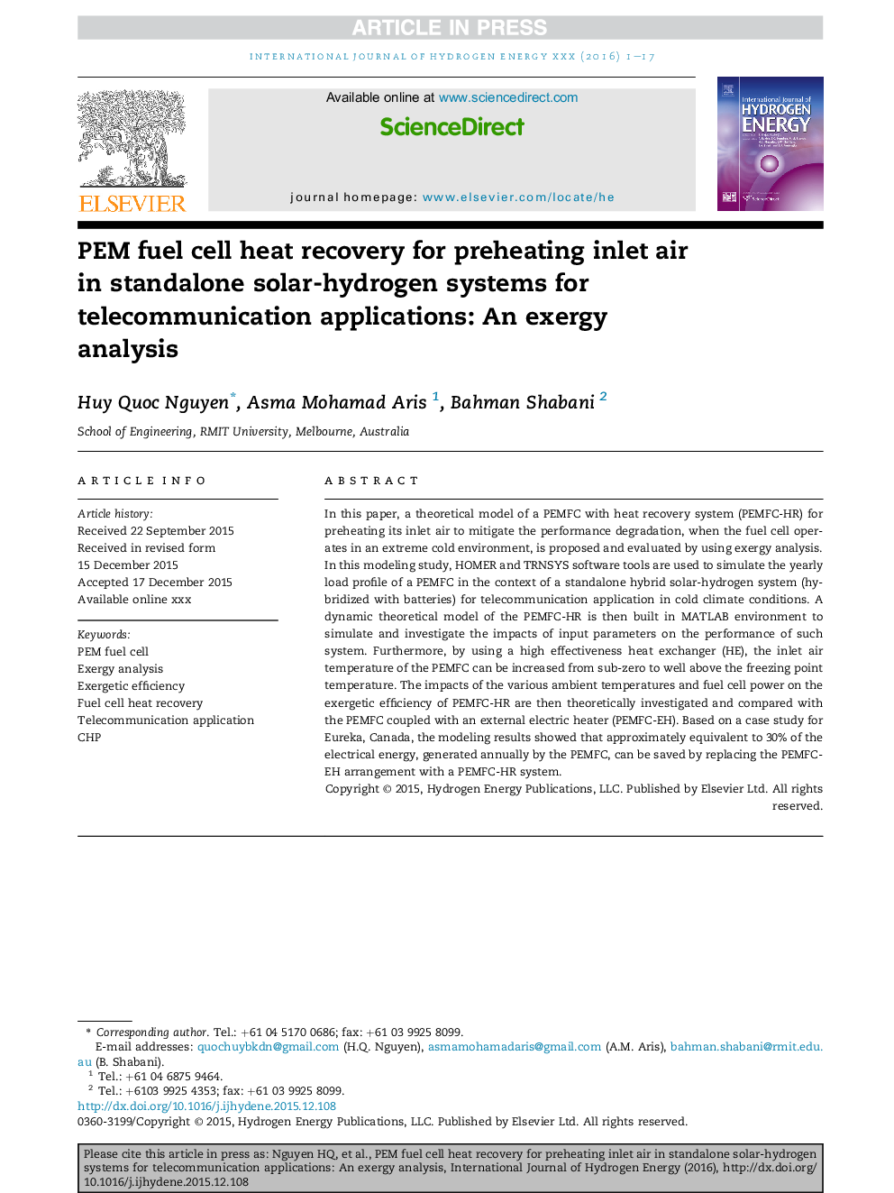 PEM fuel cell heat recovery for preheating inlet air in standalone solar-hydrogen systems for telecommunication applications: An exergy analysis