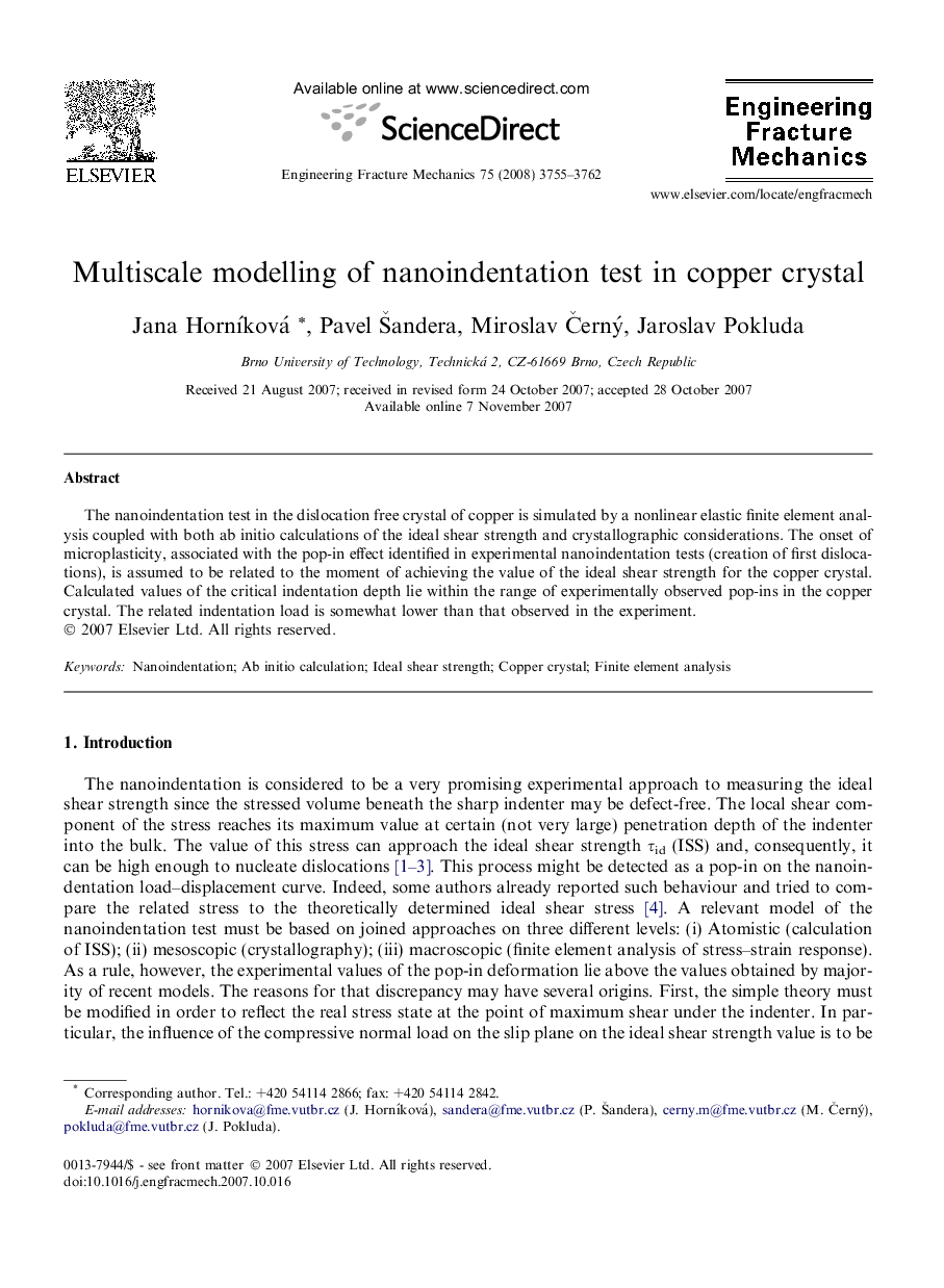 Multiscale modelling of nanoindentation test in copper crystal