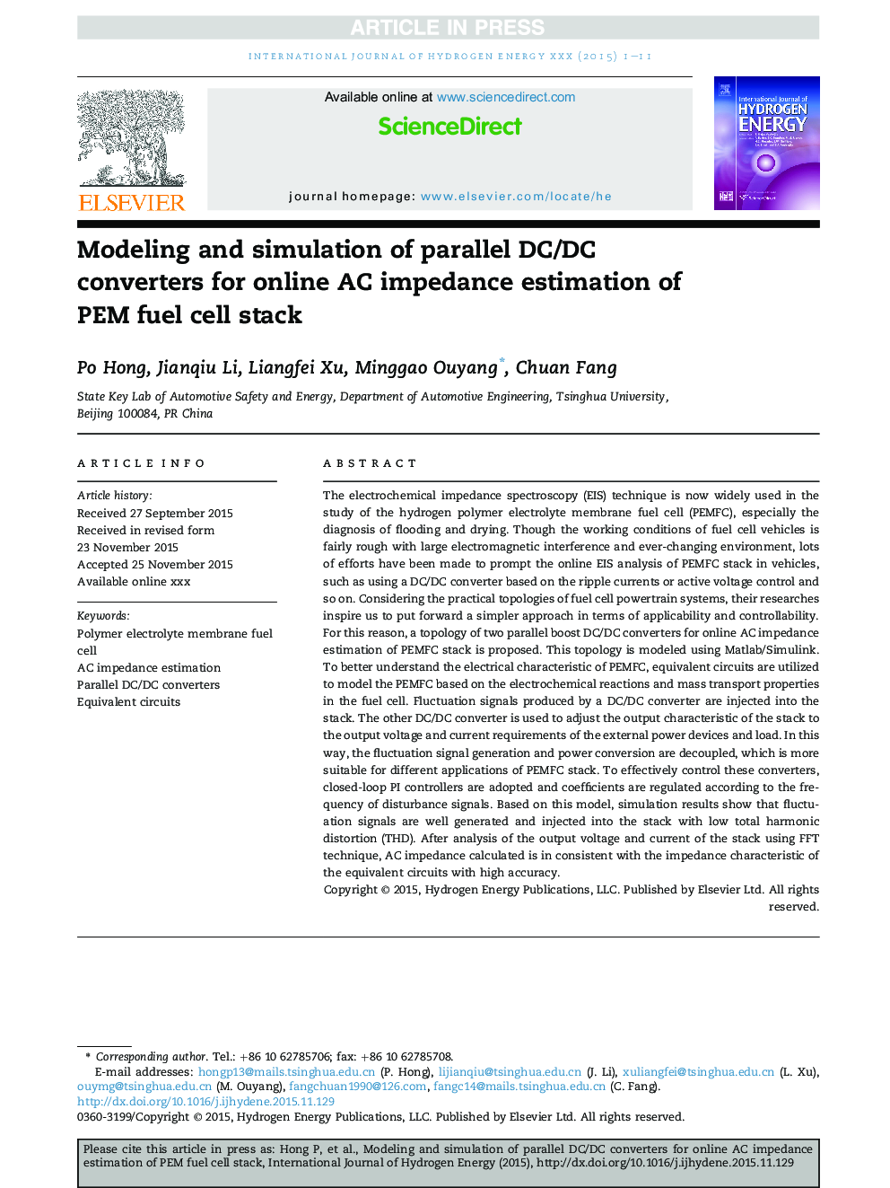 Modeling and simulation of parallel DC/DC converters for online AC impedance estimation of PEM fuel cell stack