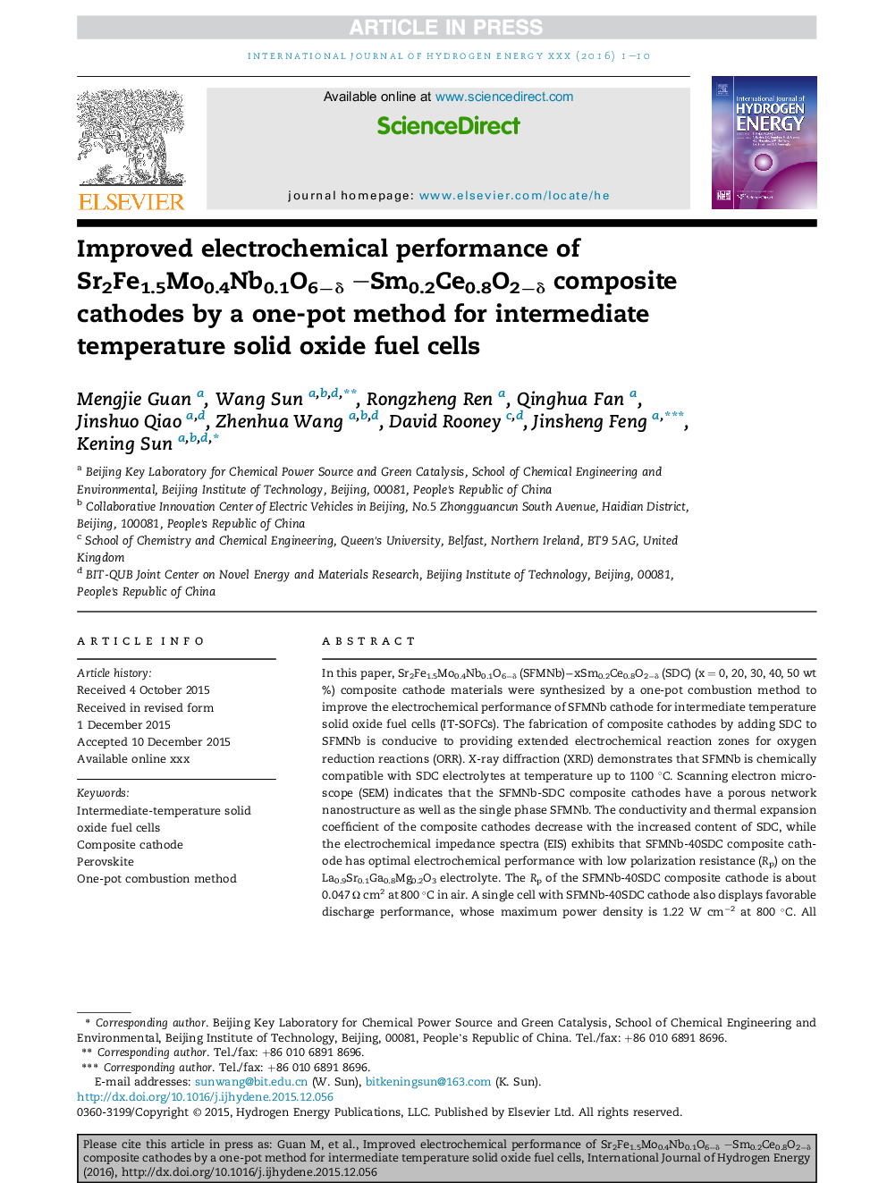 Improved electrochemical performance of Sr2Fe1.5Mo0.4Nb0.1O6âÎ´ -Sm0.2Ce0.8O2âÎ´ composite cathodes by a one-pot method for intermediate temperature solid oxide fuel cells