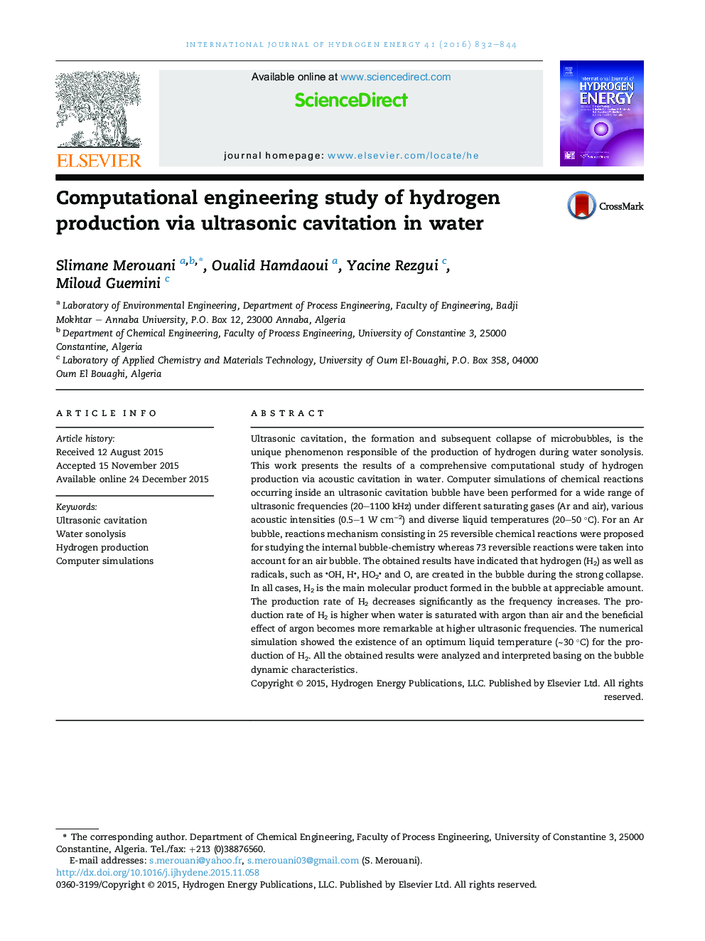 مطالعه مهندسی محاسباتی تولید هیدروژن از طریق کاویتاسیون اولتراسونیک در آب 