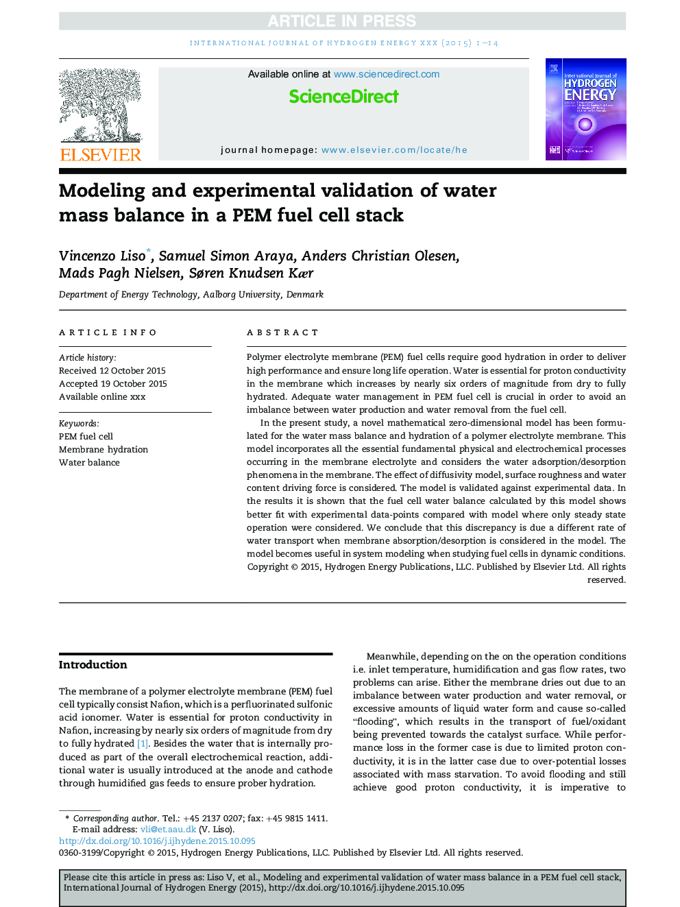 Modeling and experimental validation of water mass balance in a PEM fuel cell stack