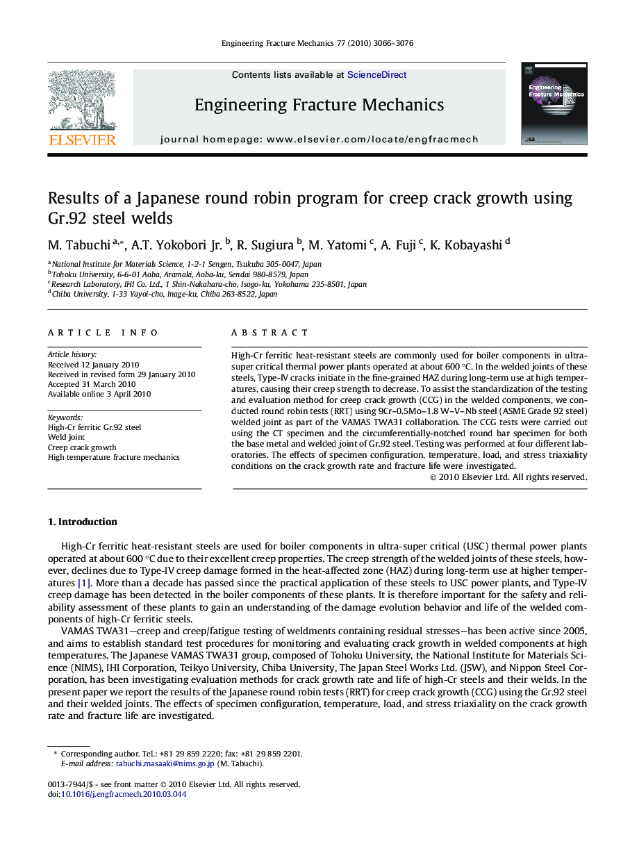 Results of a Japanese round robin program for creep crack growth using Gr.92 steel welds