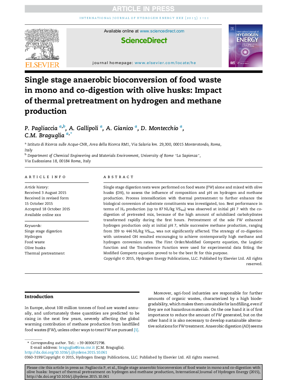 Single stage anaerobic bioconversion of food waste in mono and co-digestion with olive husks: Impact of thermal pretreatment on hydrogen and methane production