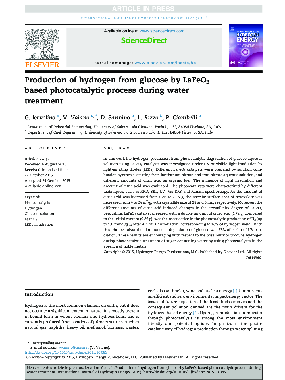 Production of hydrogen from glucose by LaFeO3 based photocatalytic process during water treatment