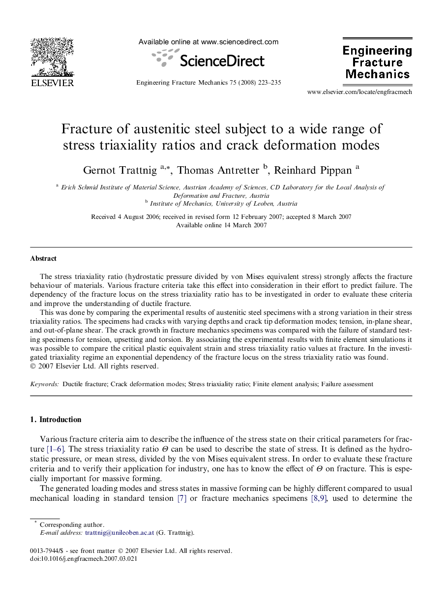 Fracture of austenitic steel subject to a wide range of stress triaxiality ratios and crack deformation modes