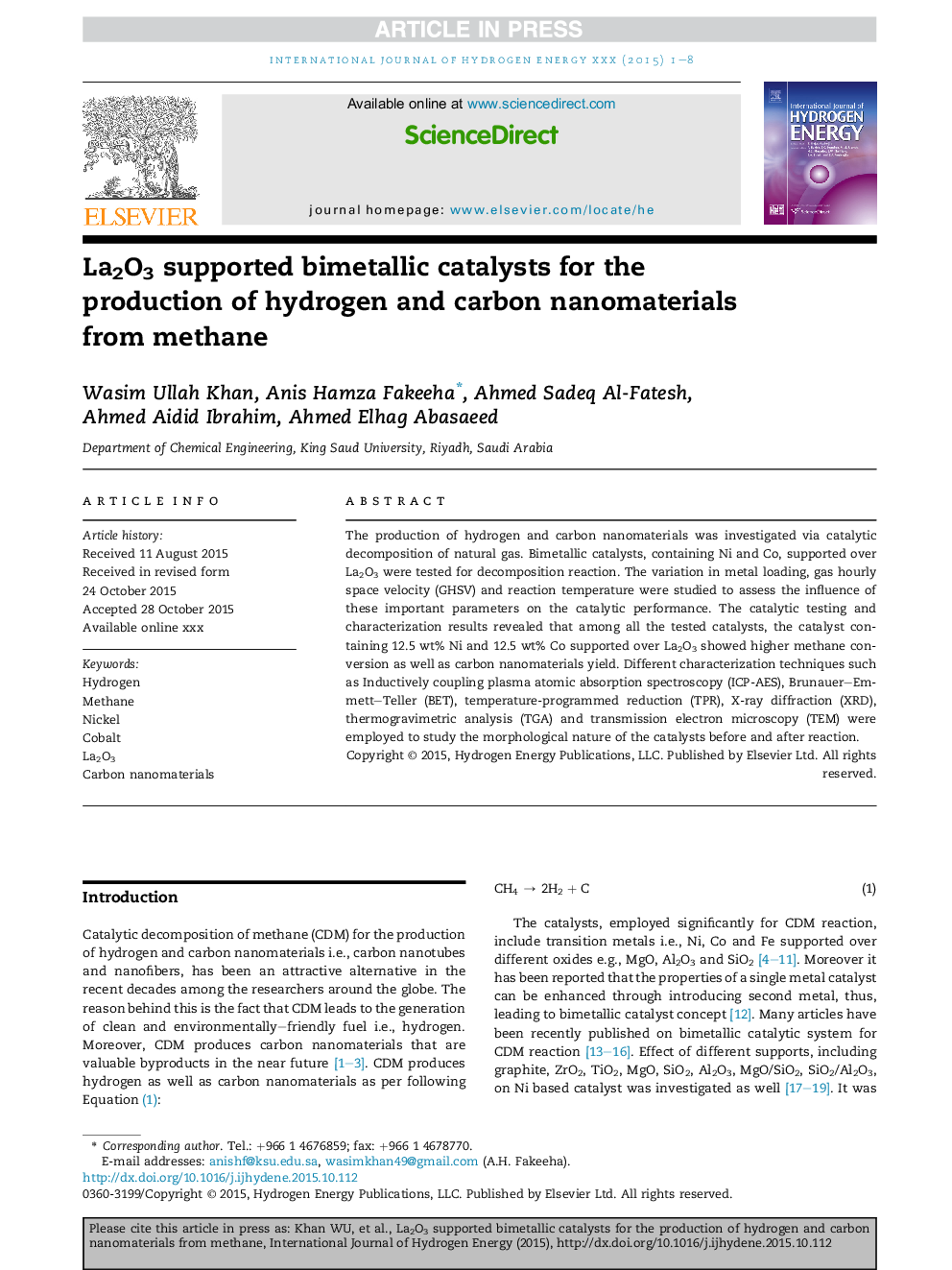 La2O3 supported bimetallic catalysts for the production of hydrogen and carbon nanomaterials from methane