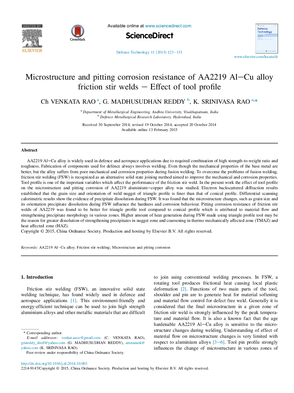 Microstructure and pitting corrosion resistance of AA2219 Al–Cu alloy friction stir welds – Effect of tool profile 