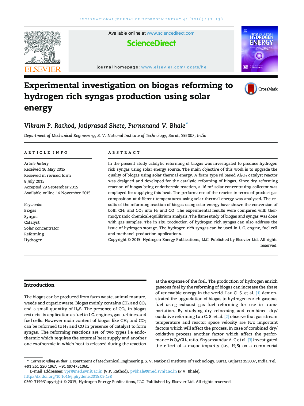 تحقیقات تجربی در مورد اصلاح بیوگاز به تولید هیدروژن غنی شده با استفاده از انرژی خورشیدی 
