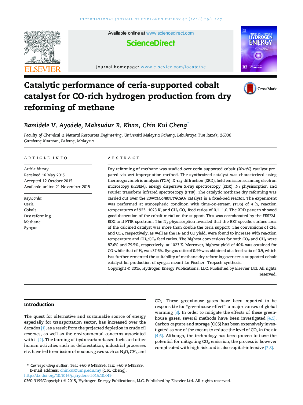 Catalytic performance of ceria-supported cobalt catalyst for CO-rich hydrogen production from dry reforming of methane