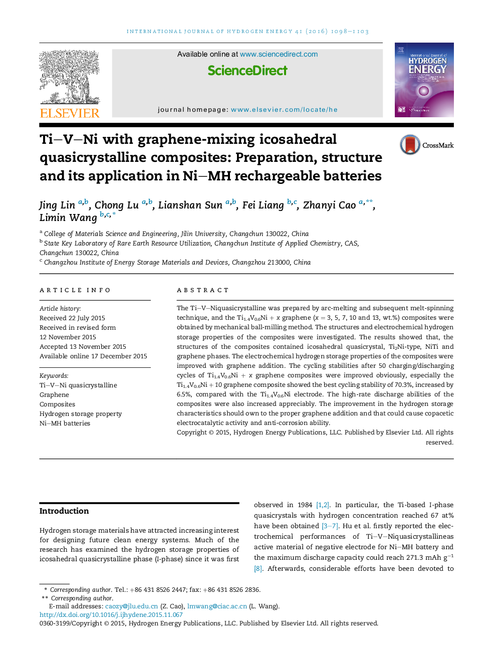 Ti-V-Ni with graphene-mixing icosahedral quasicrystalline composites: Preparation, structure and its application in Ni-MH rechargeable batteries