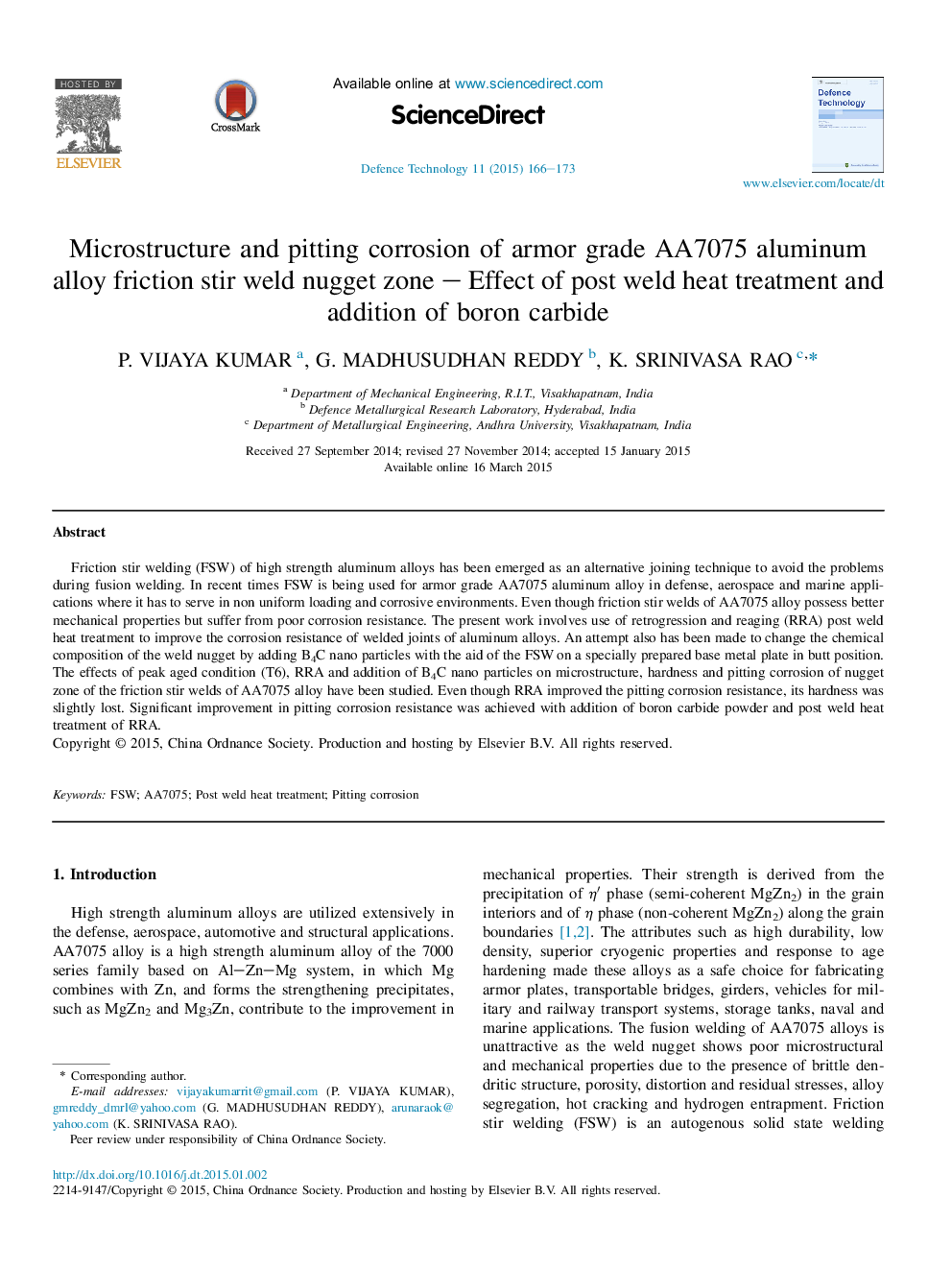 Microstructure and pitting corrosion of armor grade AA7075 aluminum alloy friction stir weld nugget zone – Effect of post weld heat treatment and addition of boron carbide 