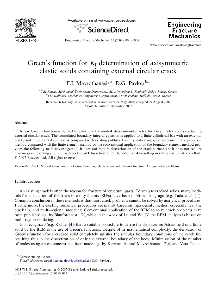 Green’s function for KI determination of axisymmetric elastic solids containing external circular crack