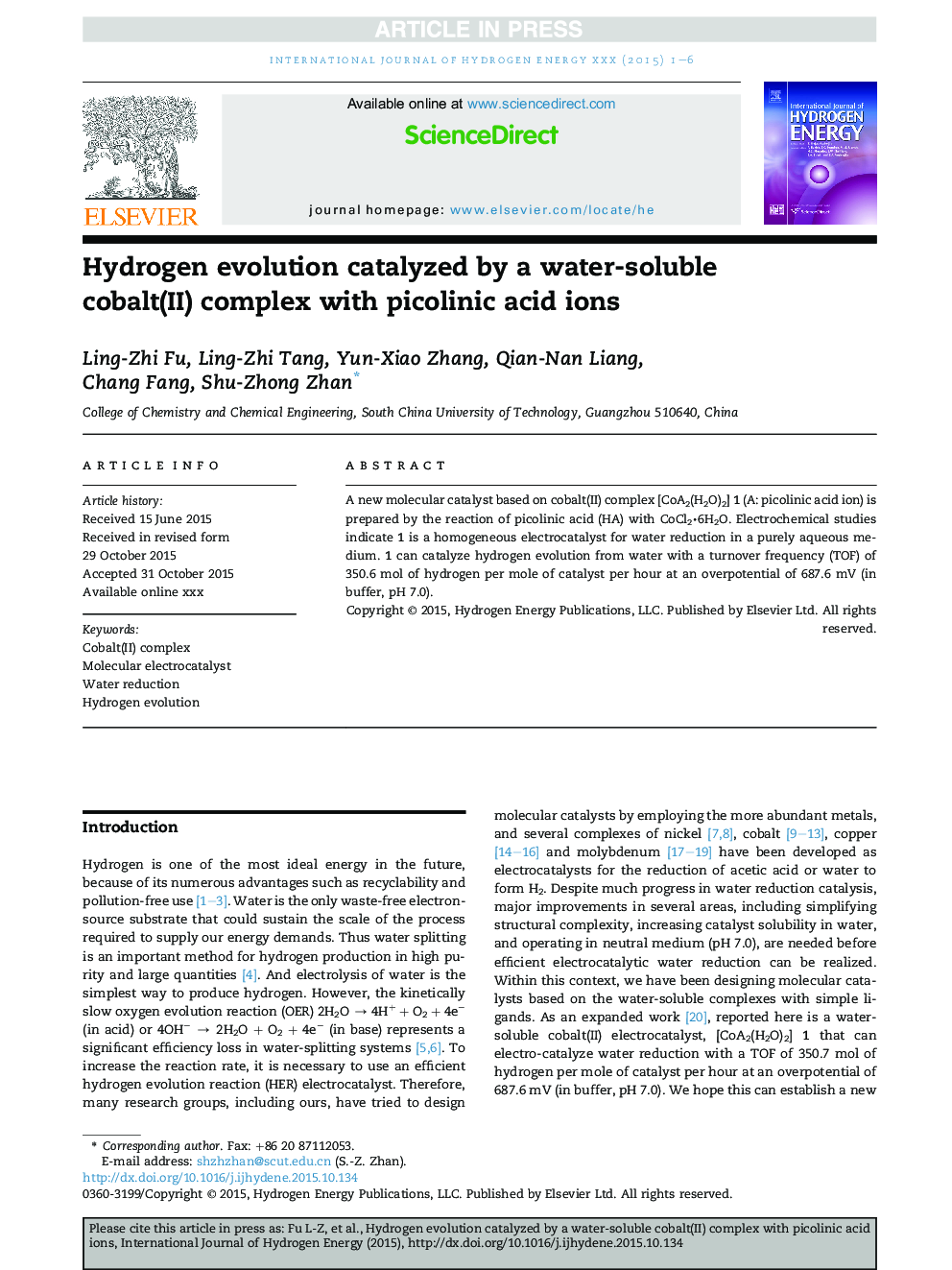 Hydrogen evolution catalyzed by a water-soluble cobalt(II) complex with picolinic acid ions