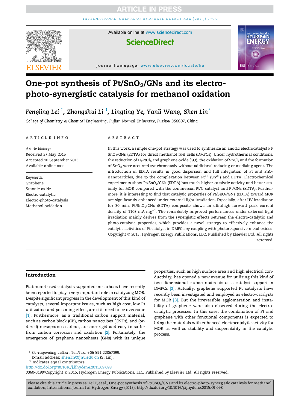 One-pot synthesis of Pt/SnO2/GNs and its electro-photo-synergistic catalysis for methanol oxidation