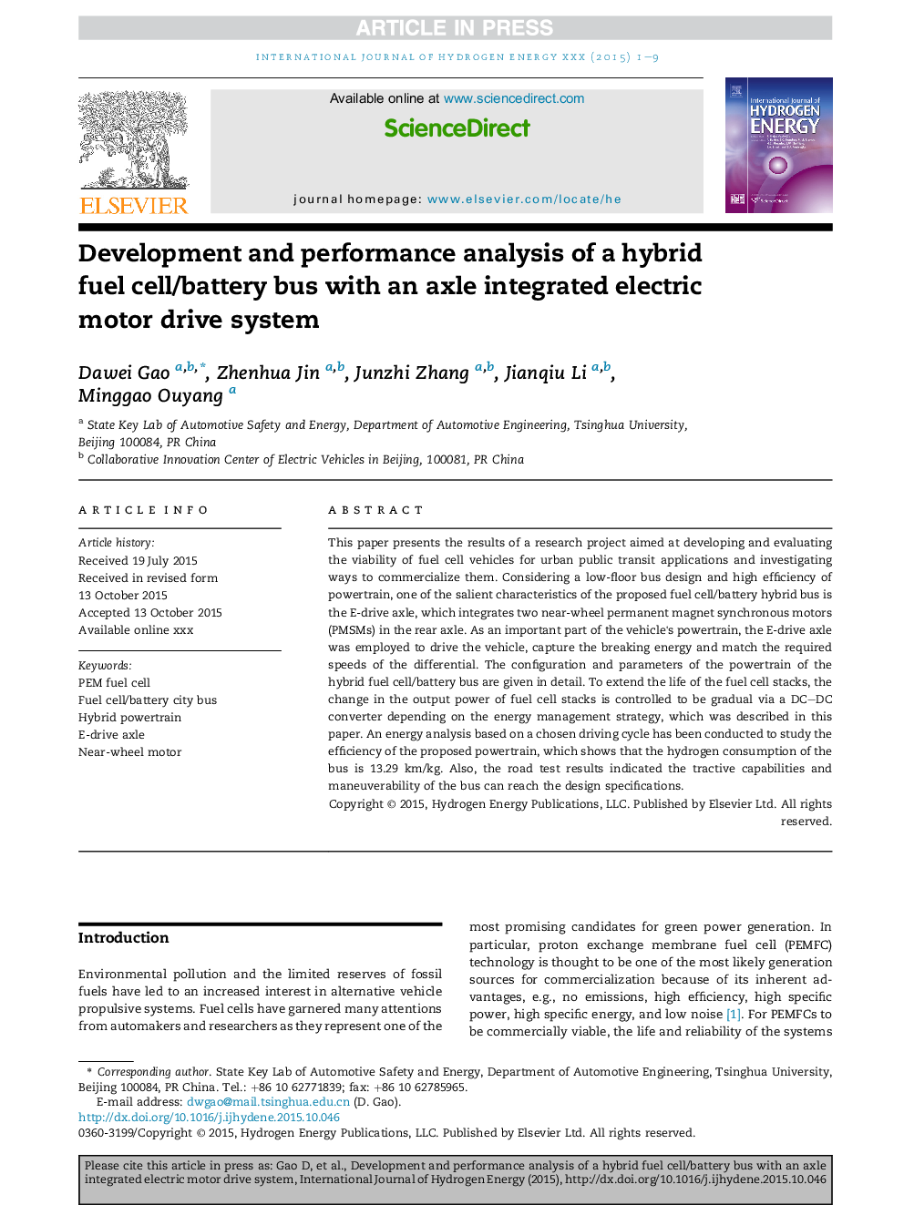 Development and performance analysis of a hybrid fuel cell/battery bus with an axle integrated electric motor drive system