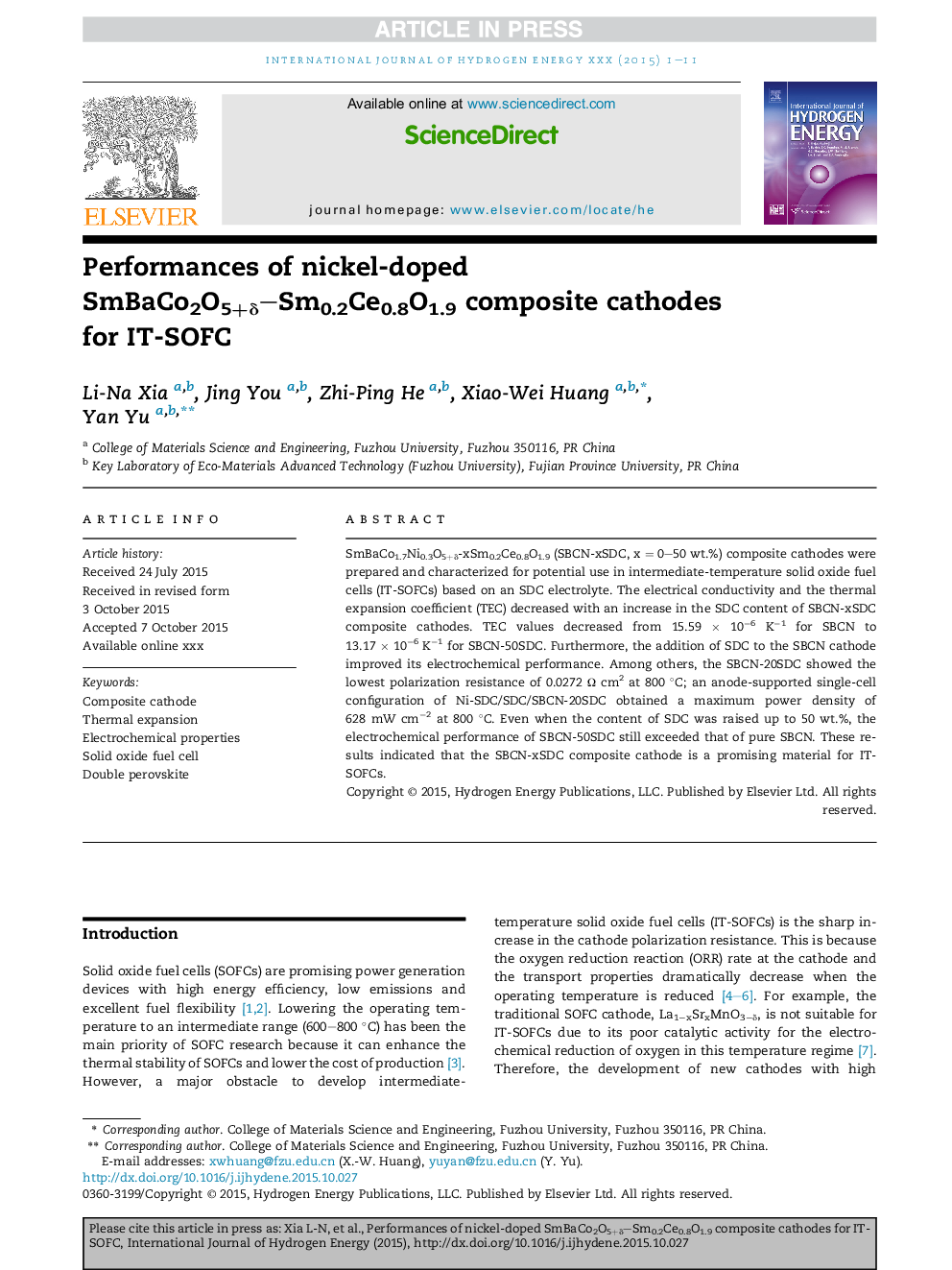 Performances of nickel-doped SmBaCo2O5+Î´-Sm0.2Ce0.8O1.9 composite cathodes for IT-SOFC