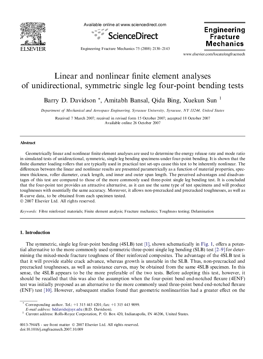 Linear and nonlinear finite element analyses of unidirectional, symmetric single leg four-point bending tests