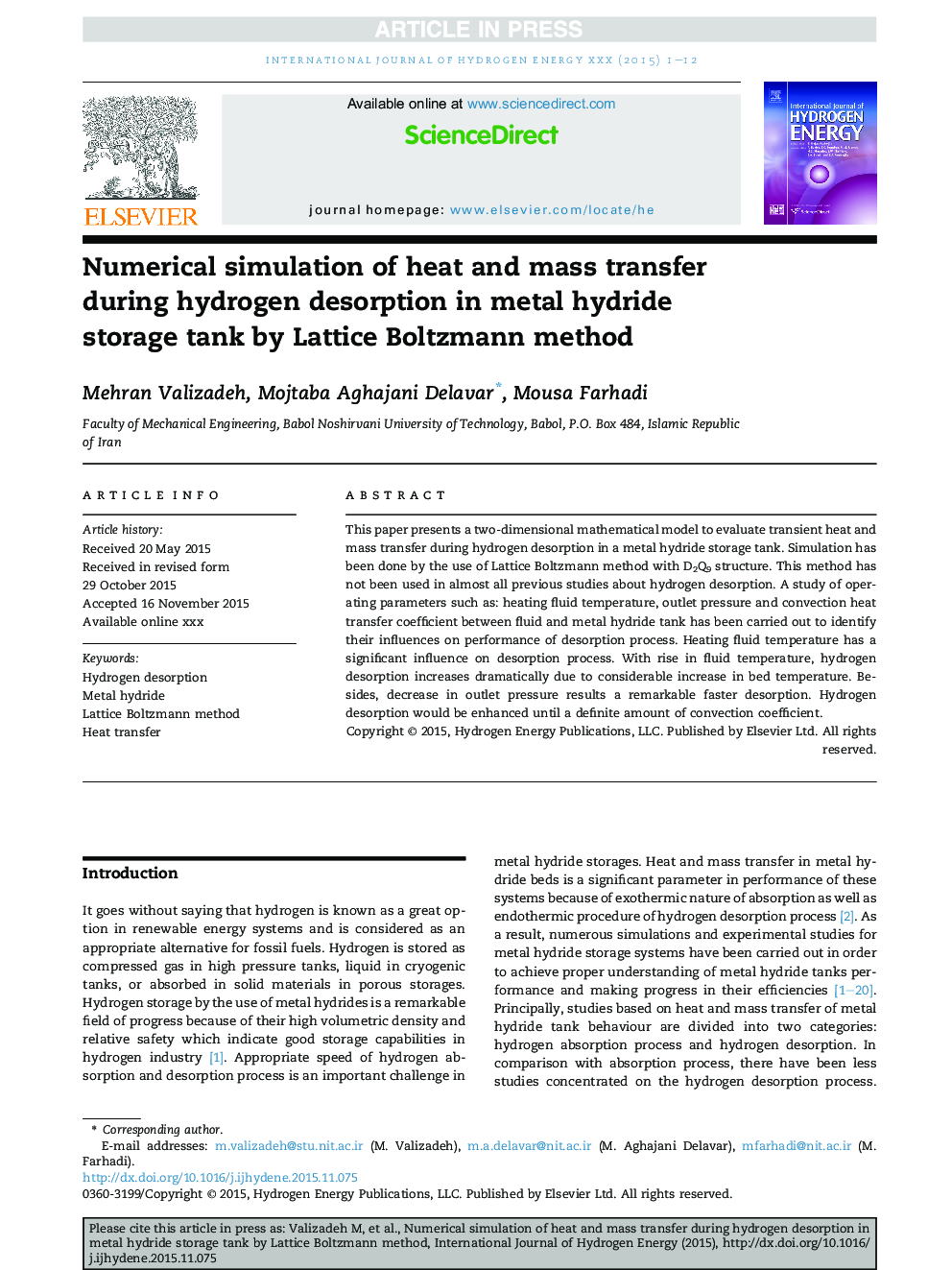 Numerical simulation of heat and mass transfer during hydrogen desorption in metal hydride storage tank by Lattice Boltzmann method