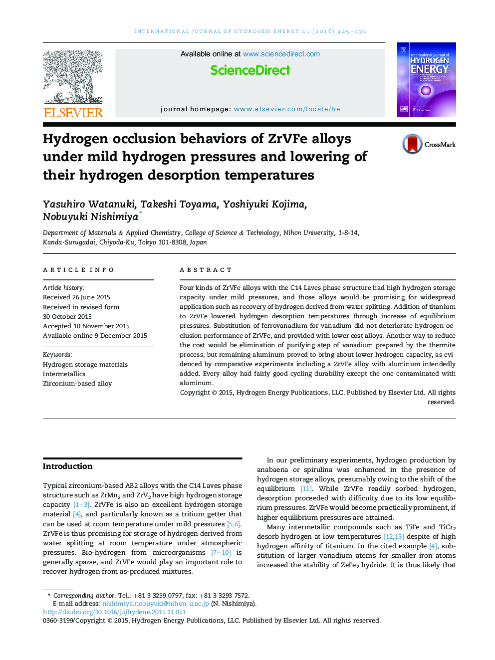 Hydrogen occlusion behaviors of ZrVFe alloys under mild hydrogen pressures and lowering of their hydrogen desorption temperatures