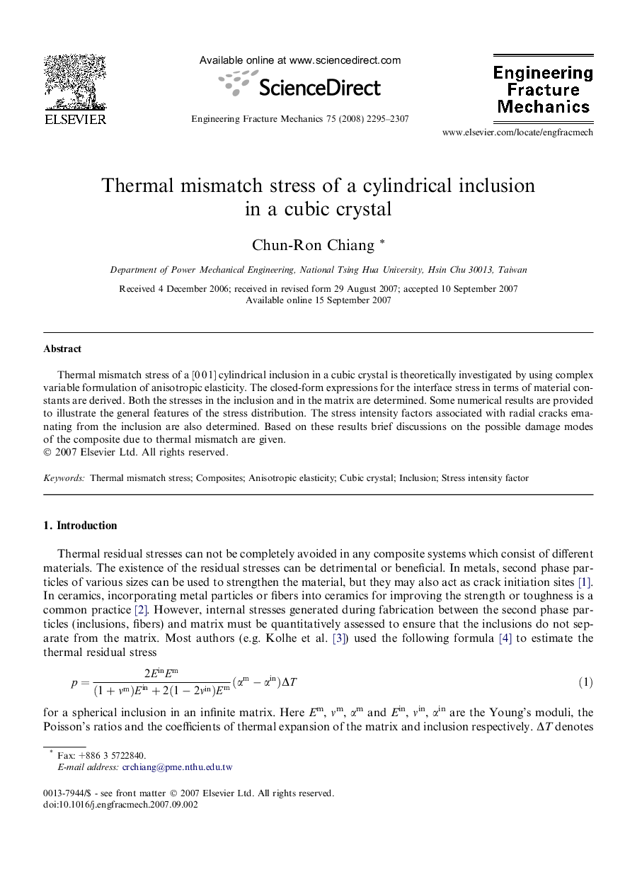 Thermal mismatch stress of a cylindrical inclusion in a cubic crystal